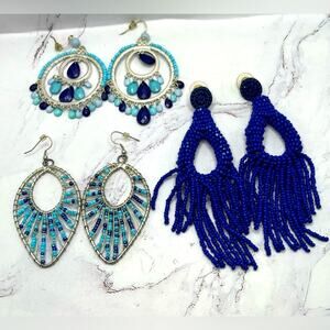 Boho earring set: blue and white beaded, 3 pairs